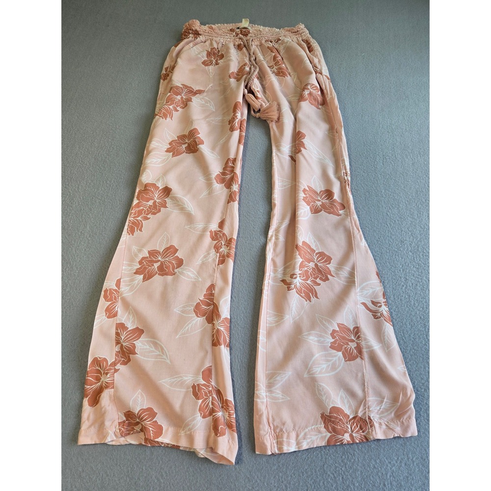Roxy Wide Leg Pants Womens Medium Peach Floral Tropical Smocked Drawstring
